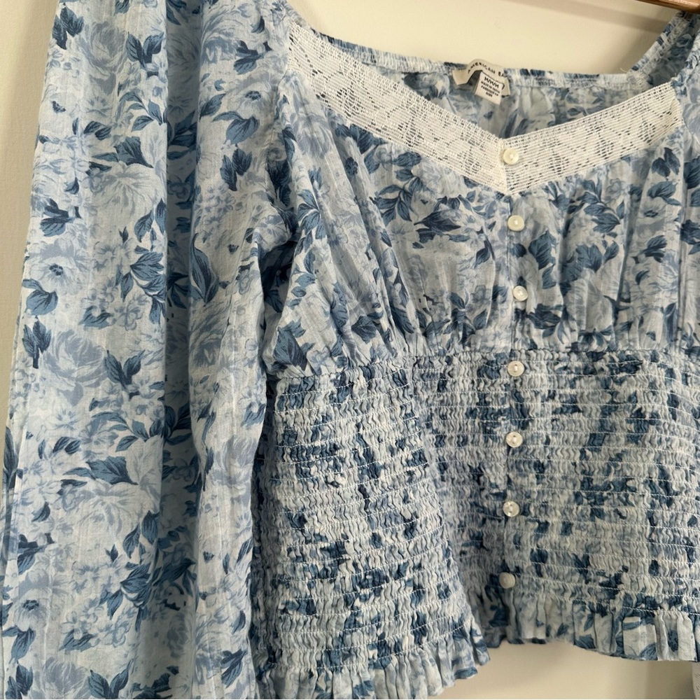 American Eagle Off The Shoulder Boho Floral Crop Top Lace Ruffle Cotton Size M - Picture 3 of 11